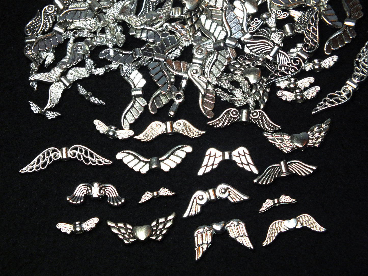 75g (120pcs approx.) mixed angel / fairy wing spacer beads, silver tone metal, sizes 12mm - 30mm