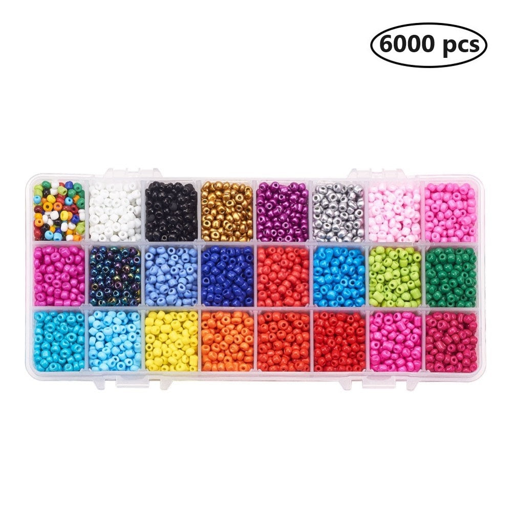 6000pcs box 24 colours of 4mm - 5mm mixed seed beads. 250pcs per colour, total (685g inc box)