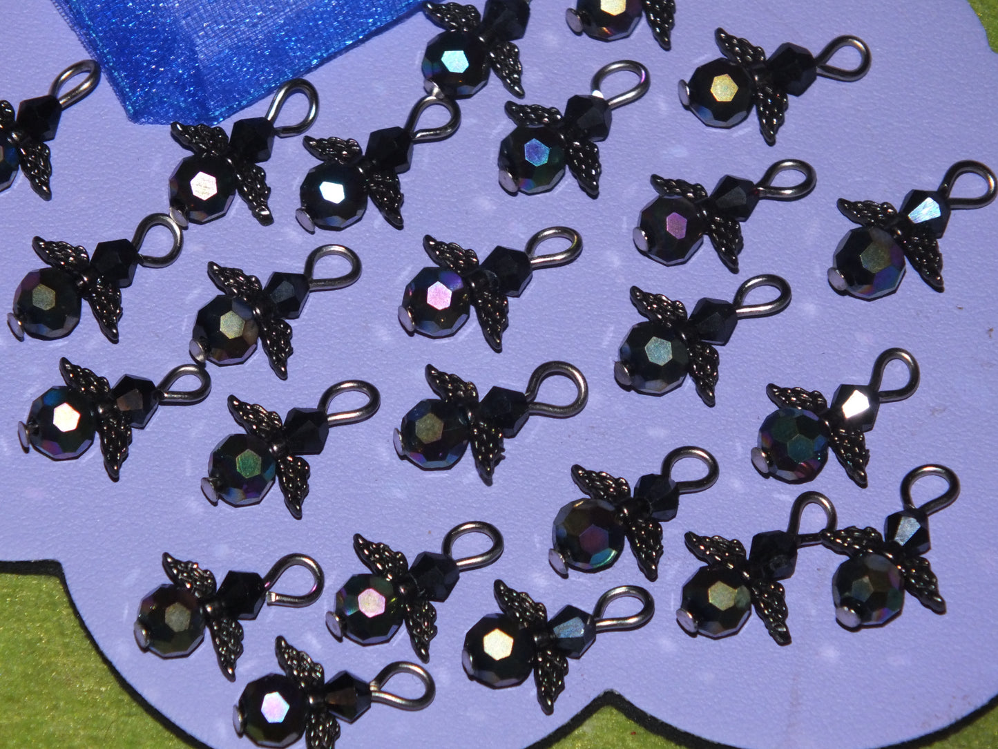 Black glass angel charms (24pcs, plain, on clasps or lanyards)
