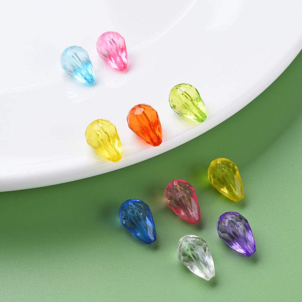 140pcs faceted teardrop bead box & reel of elastic, 12mm x 8mm translucent drops