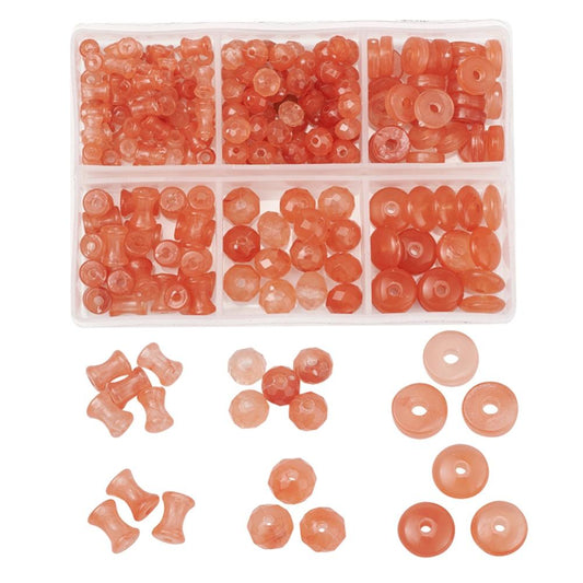 220pcs assorted shapes - coral imitation gemstone bead box. Rondelles, discs, diabolo shapes.