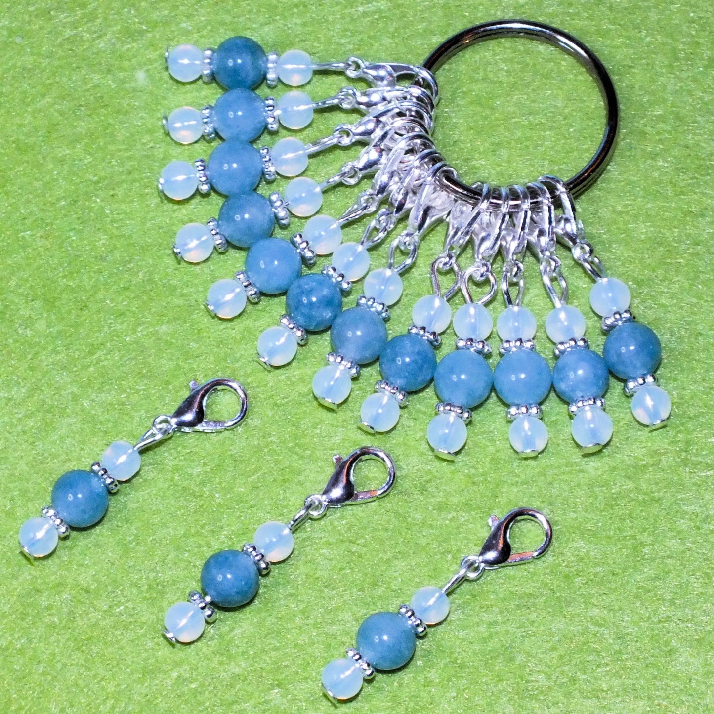 12pcs handmade Icicle stitch markers - opalite + imitation aquamarine gemstone dangle charms