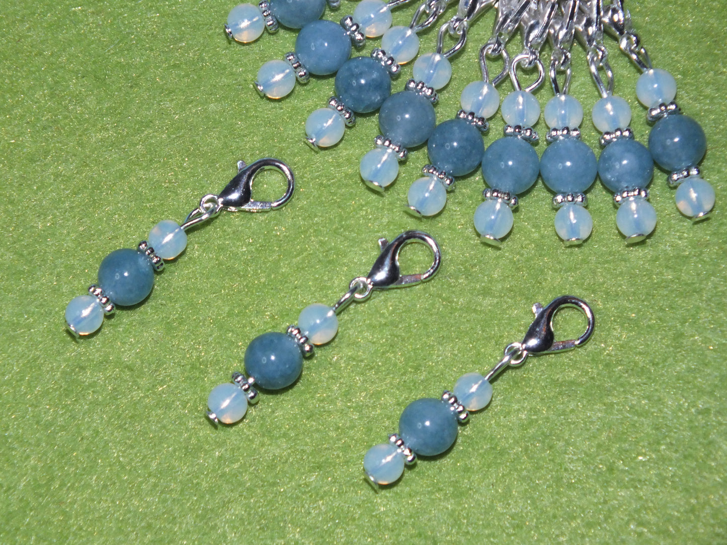 12pcs handmade Icicle stitch markers - opalite + imitation aquamarine gemstone dangle charms