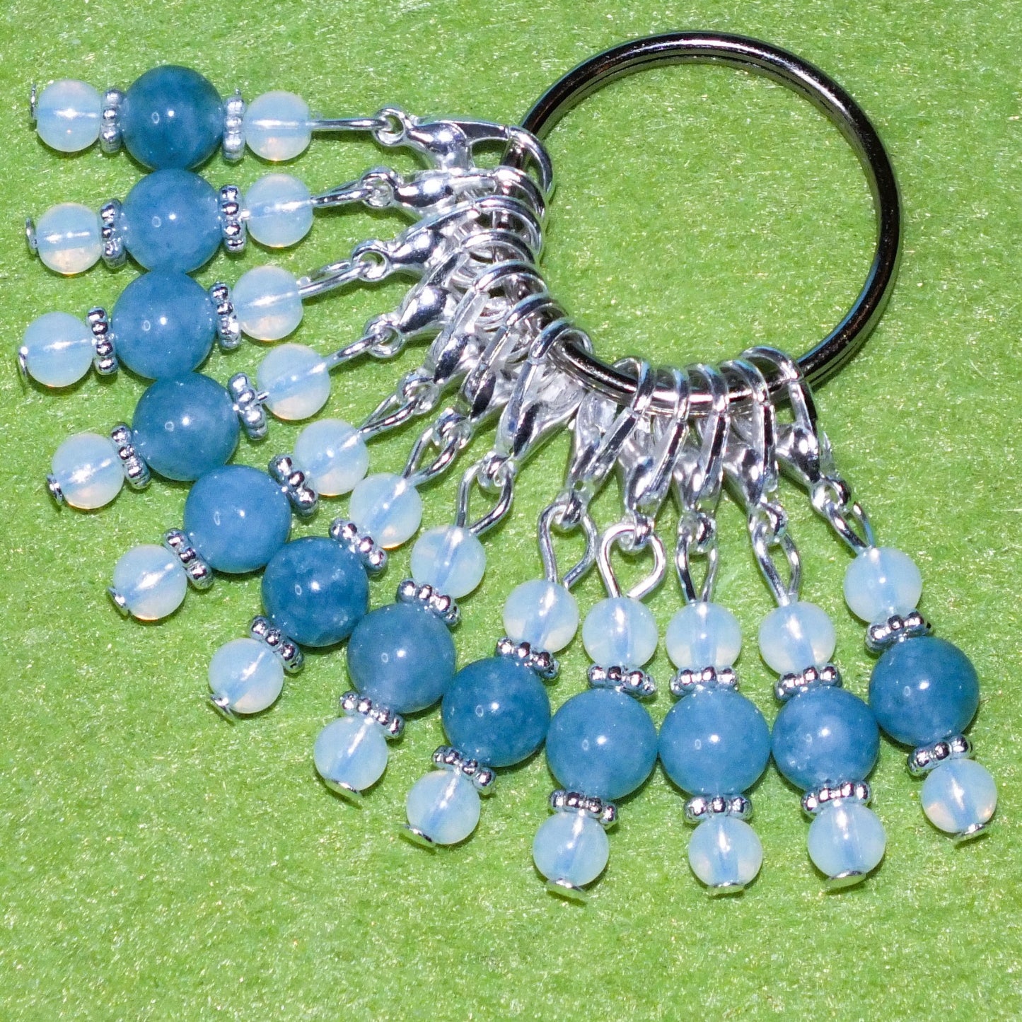 12pcs handmade Icicle stitch markers - opalite + imitation aquamarine gemstone dangle charms