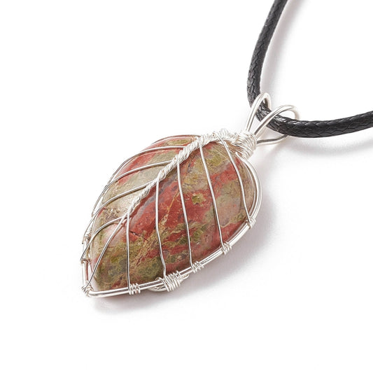 Natural unakite teardrop pendant necklace, waxed cord apx. 17.3" plus extender