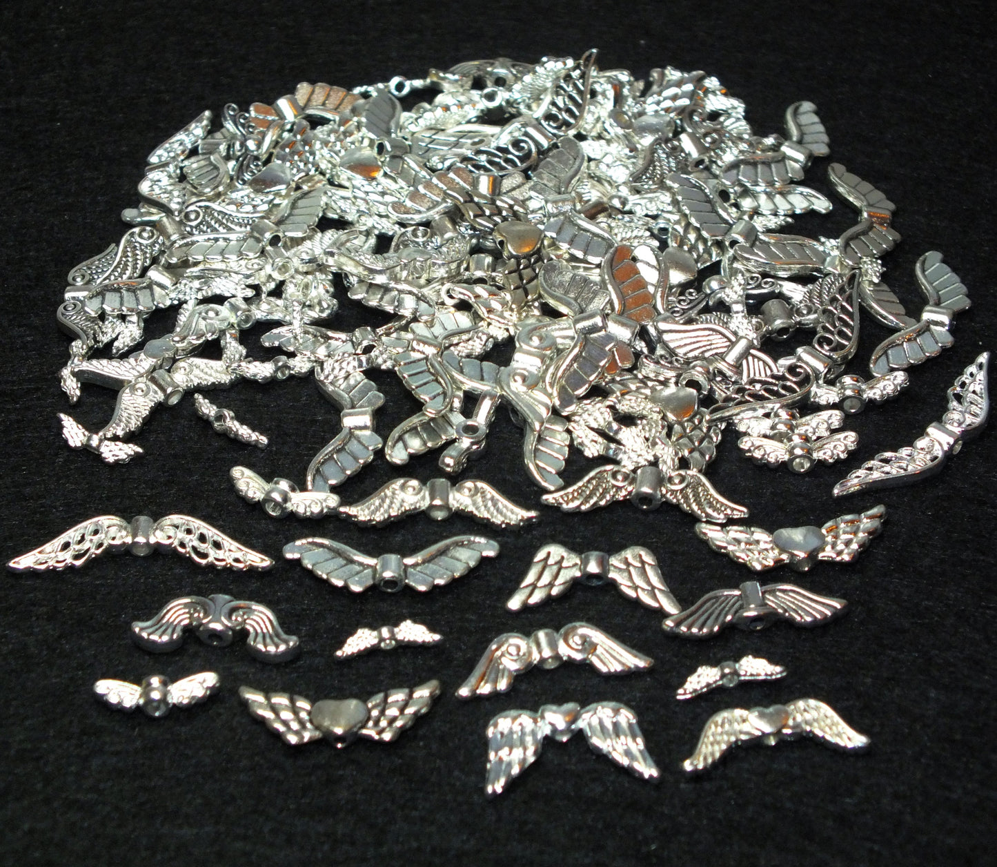 75g (120pcs approx.) mixed angel / fairy wing spacer beads, silver tone metal, sizes 12mm - 30mm