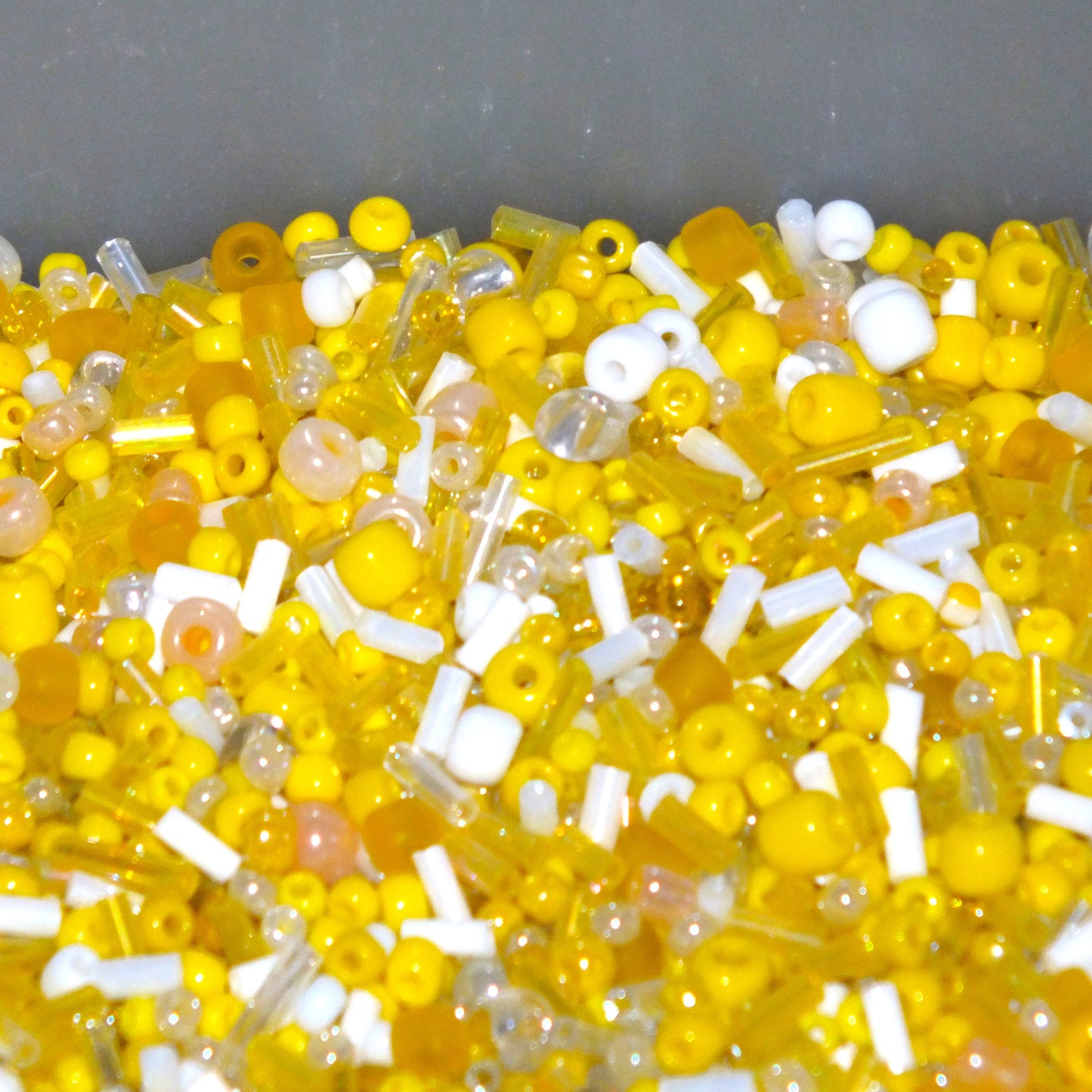 50g - 1kg Seed & bugle mixes - LEMON mix, 1mm~7mm glass beads - yellow, white, clear