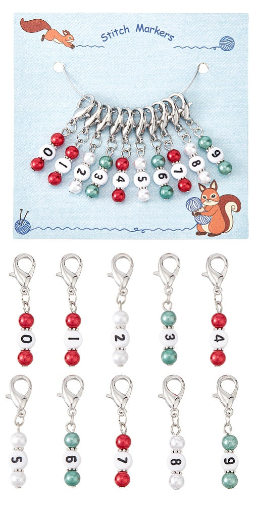 10pcs Christmas stitch markers, numbered 0-9 beaded dangle charms on clasps