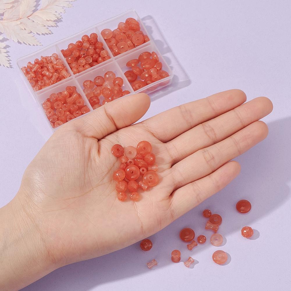 220pcs assorted shapes - coral imitation gemstone bead box. Rondelles, discs, diabolo shapes.