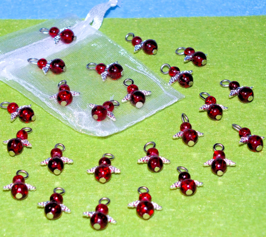 Blood red ice glass angel charms (24-100pcs, plain, on clasps or lanyards)