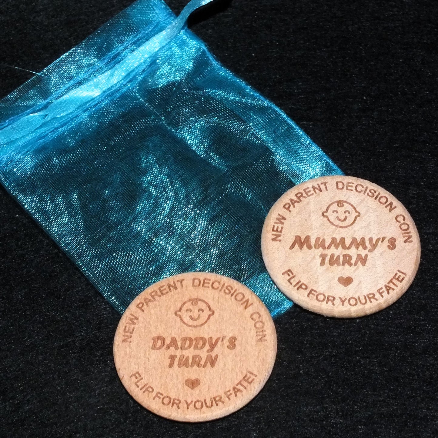 MUMMY'S / DADDY'S TURN wooden coin, double sided novelty baby shower / christening gift