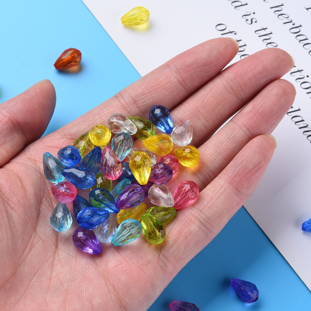 140pcs faceted teardrop bead box & reel of elastic, 12mm x 8mm translucent drops