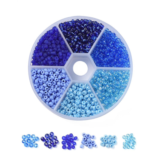 3mm seed bead selection box - blue, assorted styles and finishes