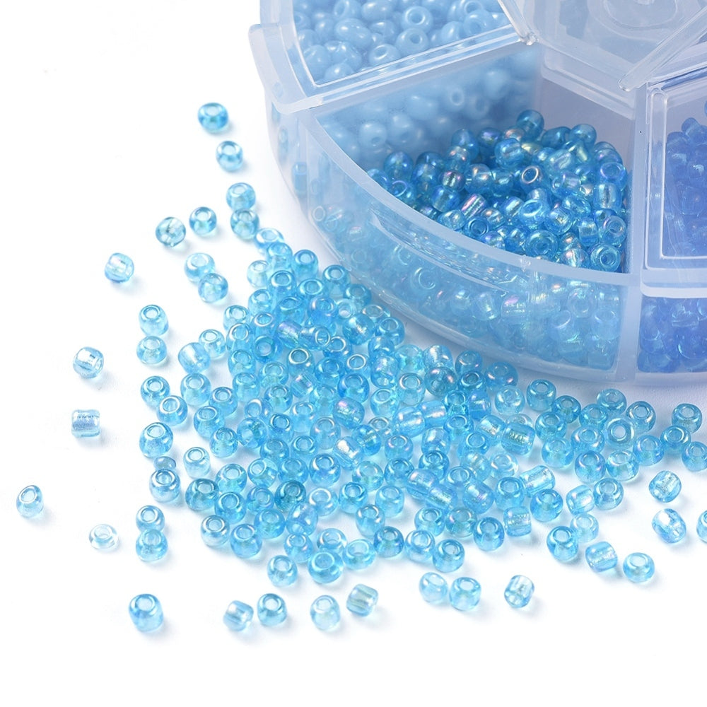 3mm seed bead selection box - blue, assorted styles and finishes