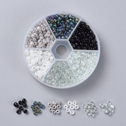 4mm seed bead selection box - black / white / clear, assorted styles and finishes