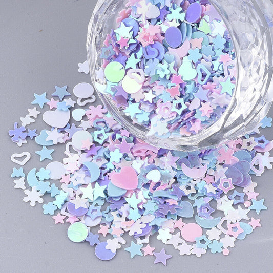 15g small mixed shape sequins / embellishments, pastel pink / blue mix with an AB finish