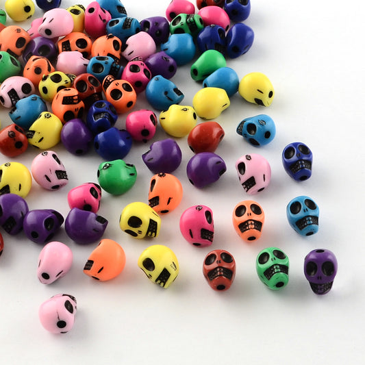 100pcs Skull beads, mixed colours, 10mm x 9mm