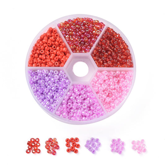 3mm seed bead selection box - red / pink / purple, assorted styles and finishes