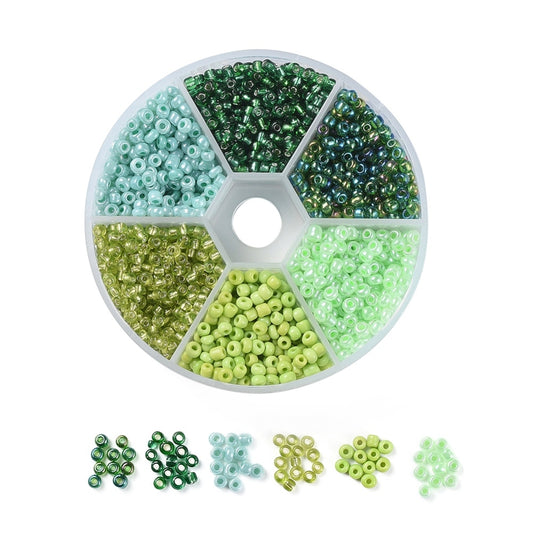 3mm seed bead selection box - green, assorted styles and finishes