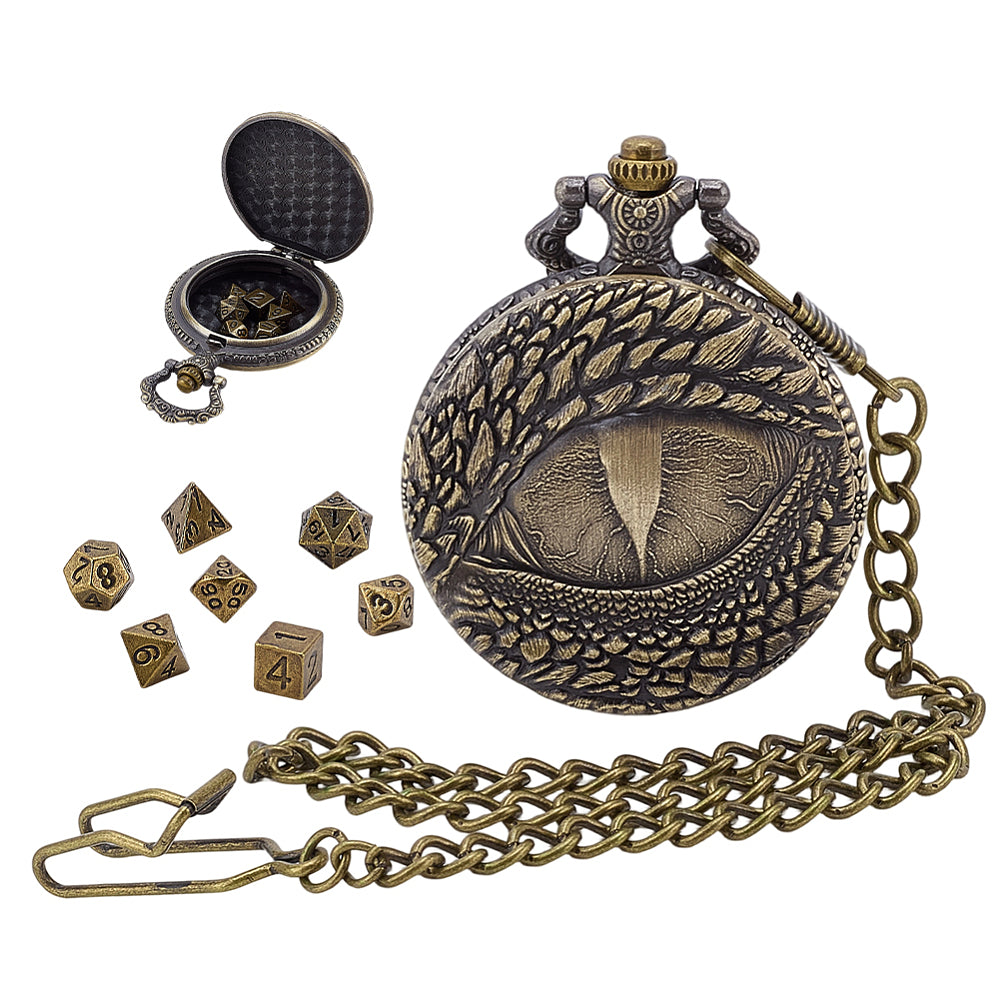 7pc Tiny Metal Polyhedral Dice Set in a Dragon Eye Fob - TTRPG gifts