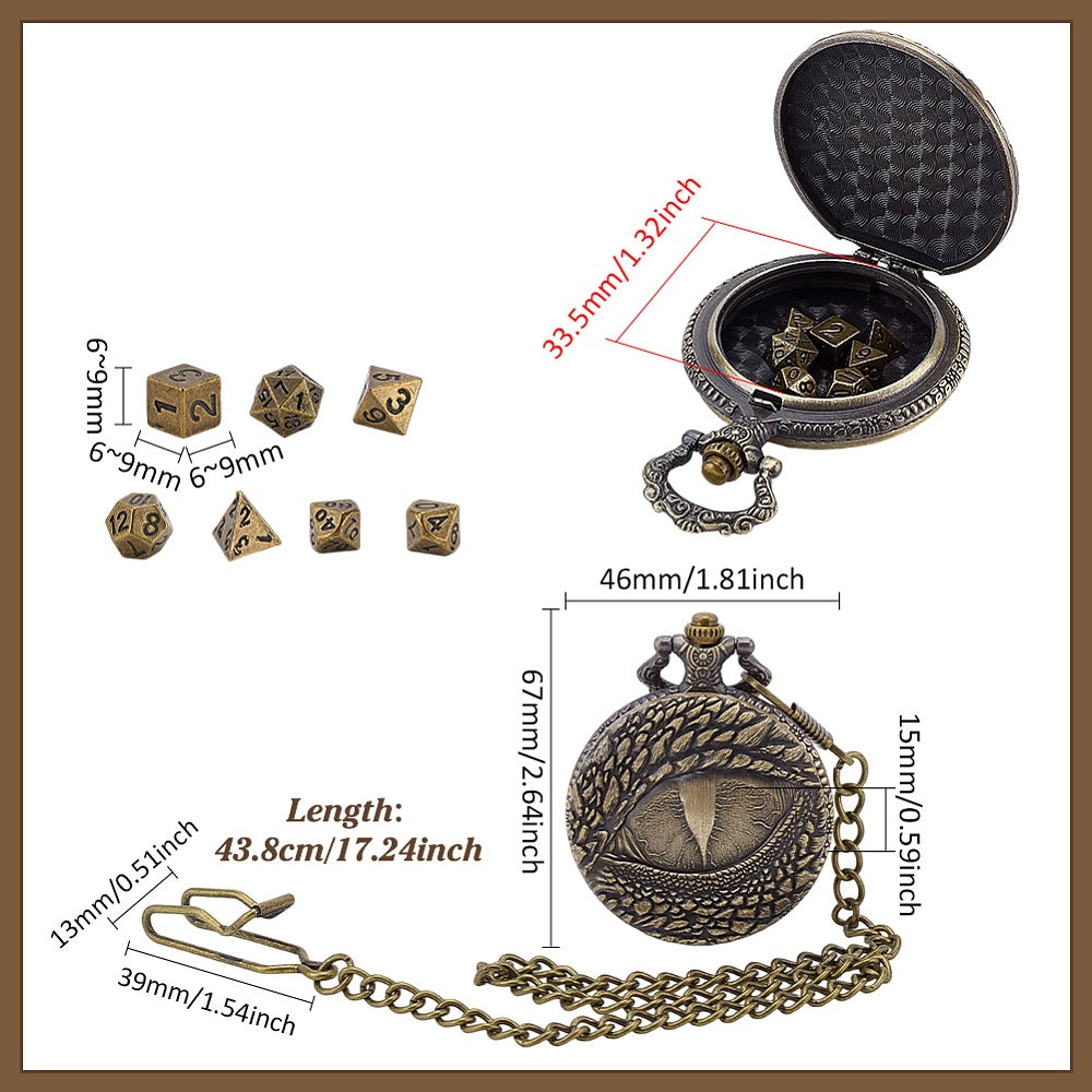 7pc Tiny Metal Polyhedral Dice Set in a Dragon Eye Fob - TTRPG gifts