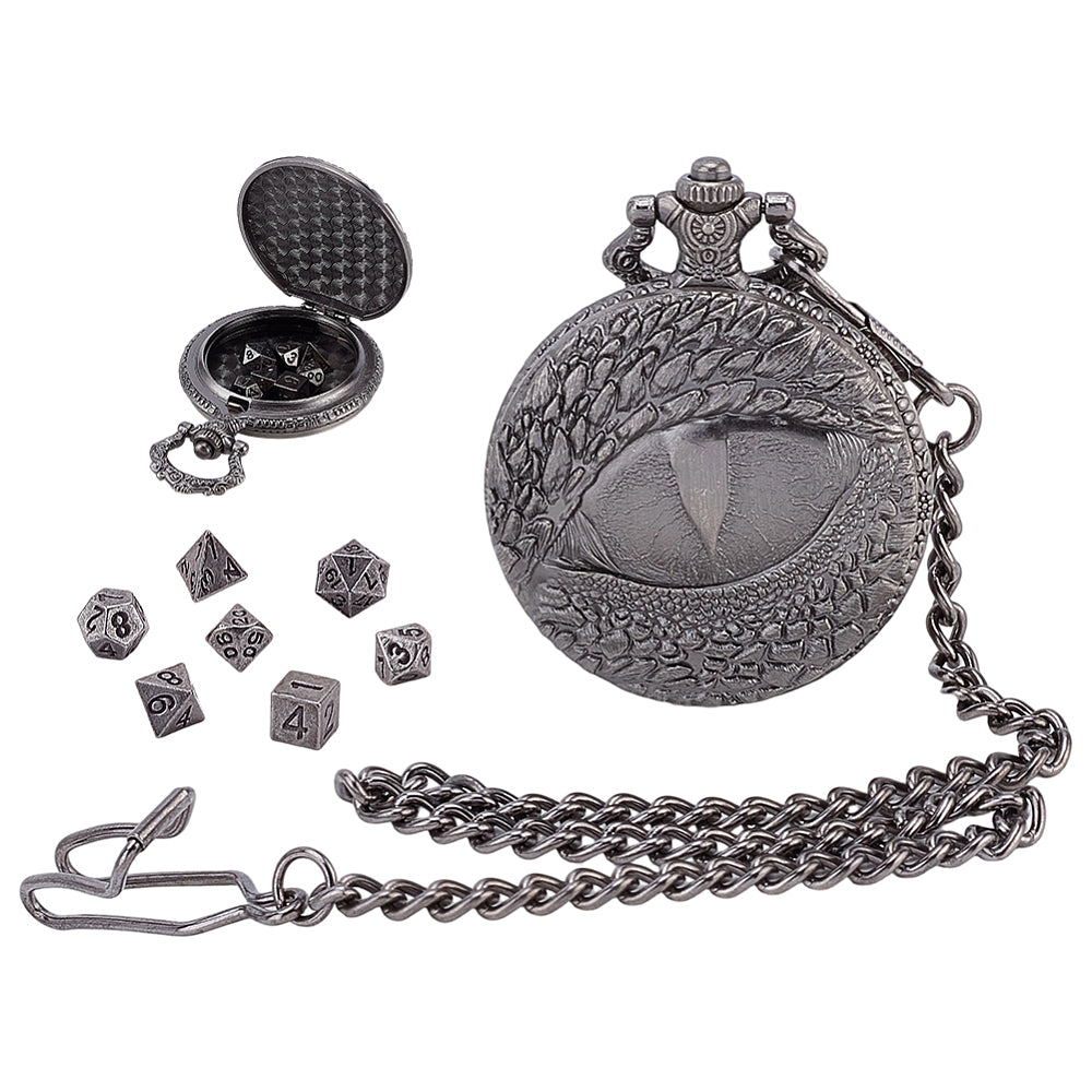 7pc Tiny Metal Polyhedral Dice Set in a Dragon Eye Fob - TTRPG gifts