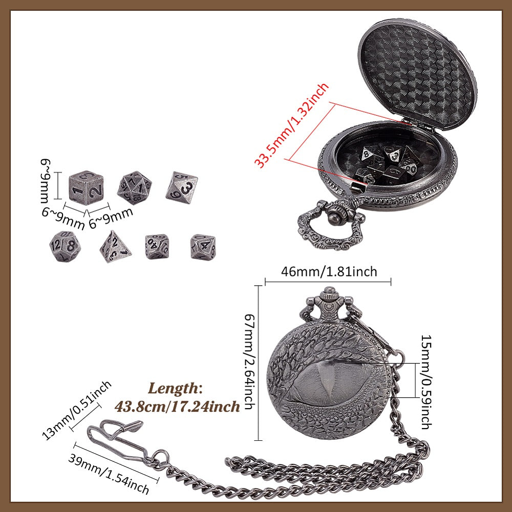 7pc Tiny Metal Polyhedral Dice Set in a Dragon Eye Fob - TTRPG gifts