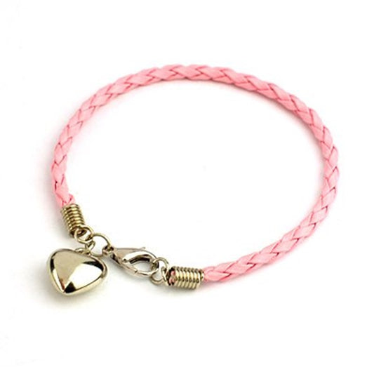 10pcs pink braided leather heart charm bracelets - job lot friendship bracelets