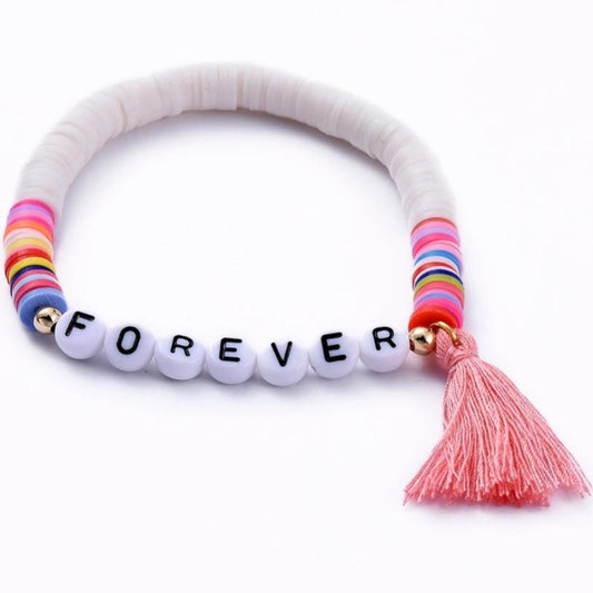 5 - 30 "FOREVER" friendship bracelets with tassel, multicoloured polymer clay Heishi beads.