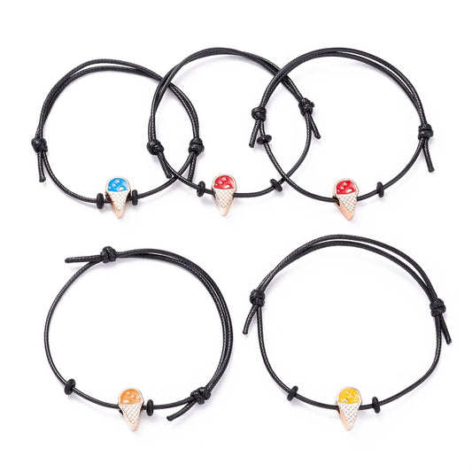 5pcs adjustable ice cream charm bracelets, black - job lot friendship bracelets