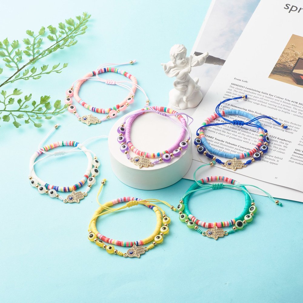 10-30 matching evil eye & Heishi clay multicoloured friendship bracelets