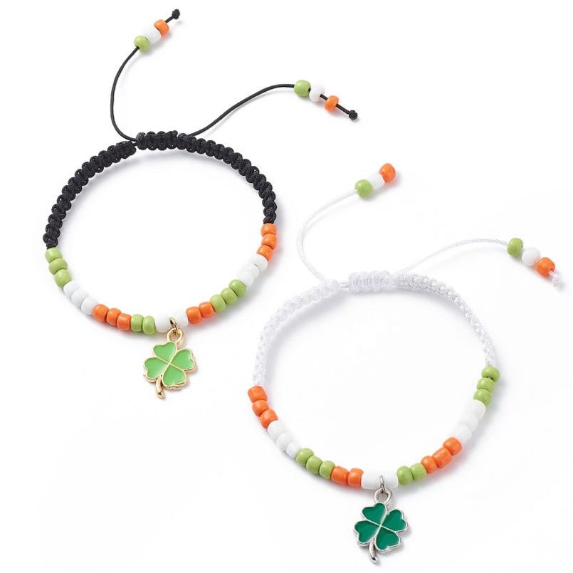 2 - 40 adjustable Irish themed friendship bracelets with four leaf clover charm