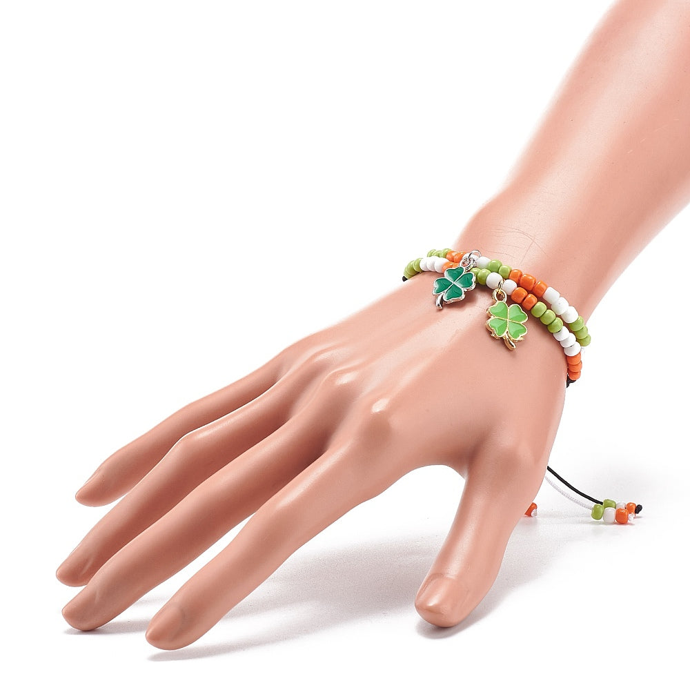 2 - 40 adjustable Irish themed friendship bracelets with four leaf clover charm