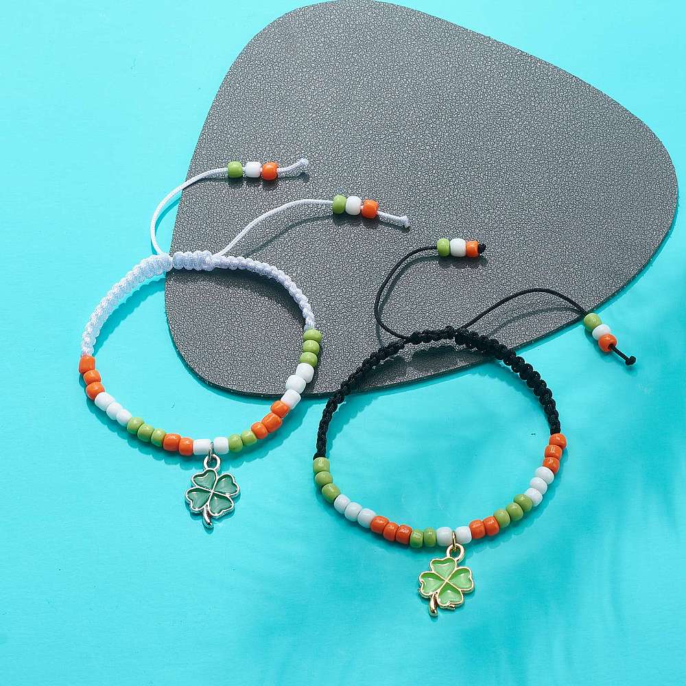 2 - 40 adjustable Irish themed friendship bracelets with four leaf clover charm