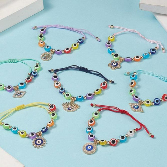 7 - 21 adjustable mixed evil eye friendship bracelets with charms