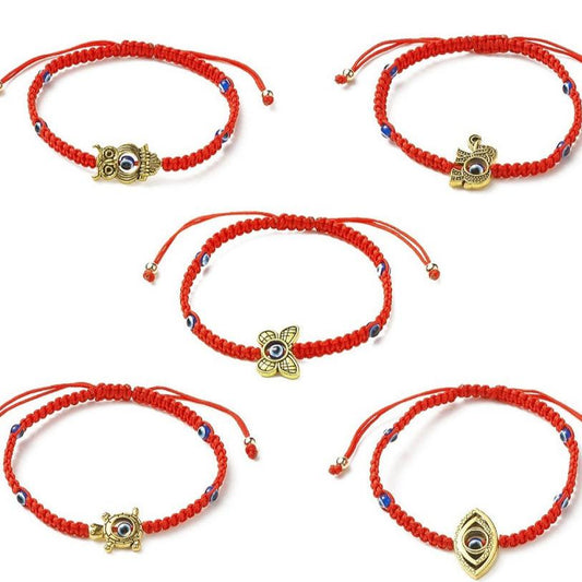 5-25 adjustable friendship bracelets, red evil eye with gold charm beads