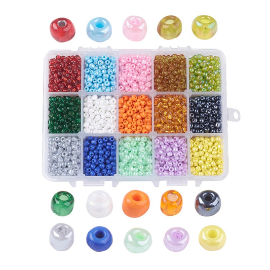5850pcs box 15 colours of 4mm mixed seed beads. 390pcs per colour - pearlised, translucent, opaque, silver lined, rainbow finish.