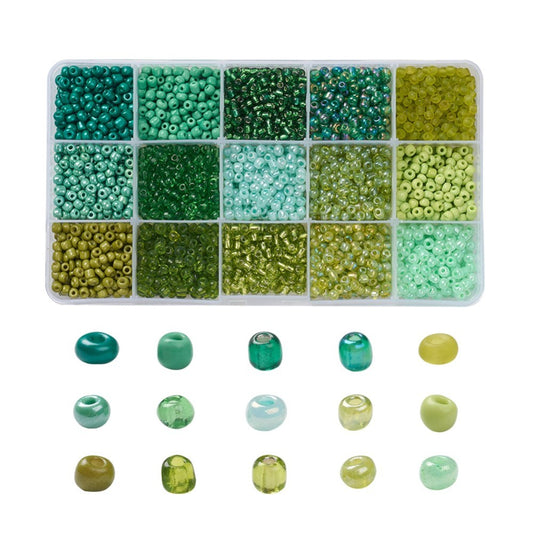180g box of green 4mm seed beads, 15 shades - pearlised, frosted, opaque, translucent, silver lined finishes.
