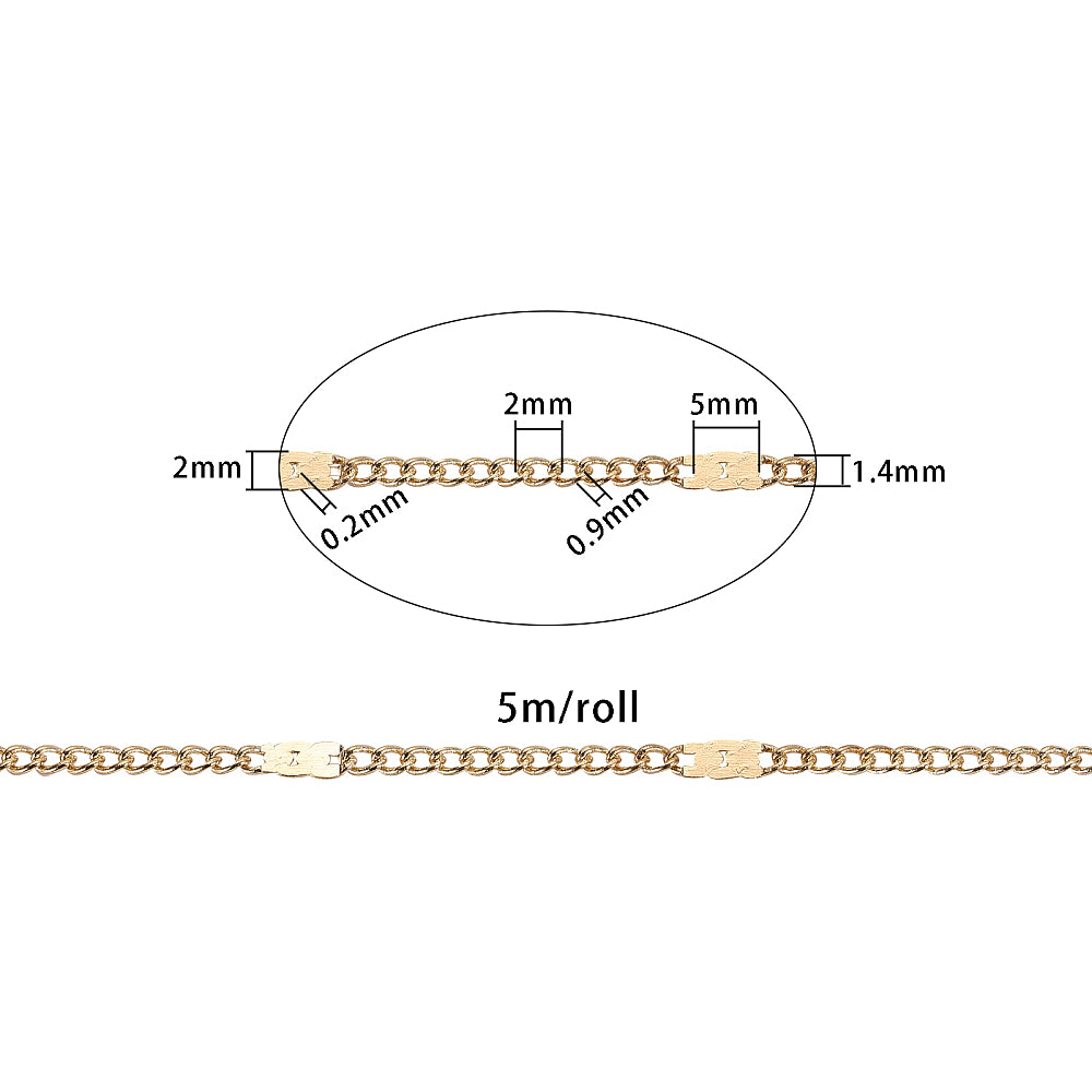 Gold tone chain, 5 metre spool. Slim link with flat soldered section, 2x1.4mm