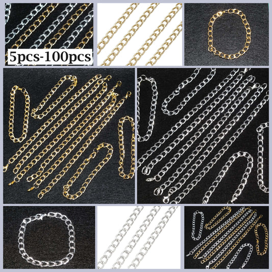 Readymade silver / gold tone curb chain 7.5" bracelets, aluminium, w lobster clasps, for DIY jewellery making.