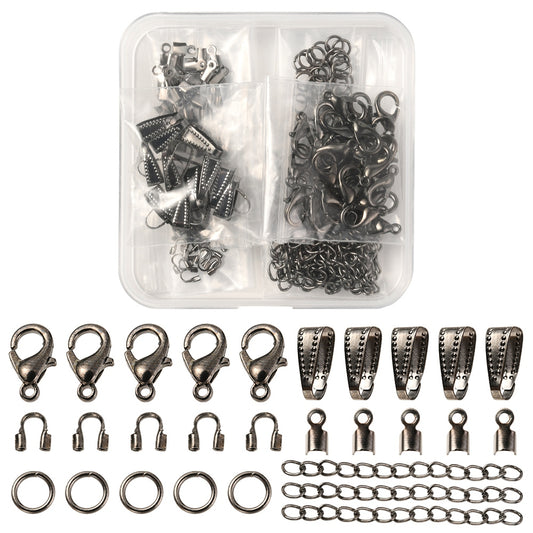 184pcs black tone findings box - lobster clasps, bails, extenders, jump rings, wire guardian, folding crimp ends