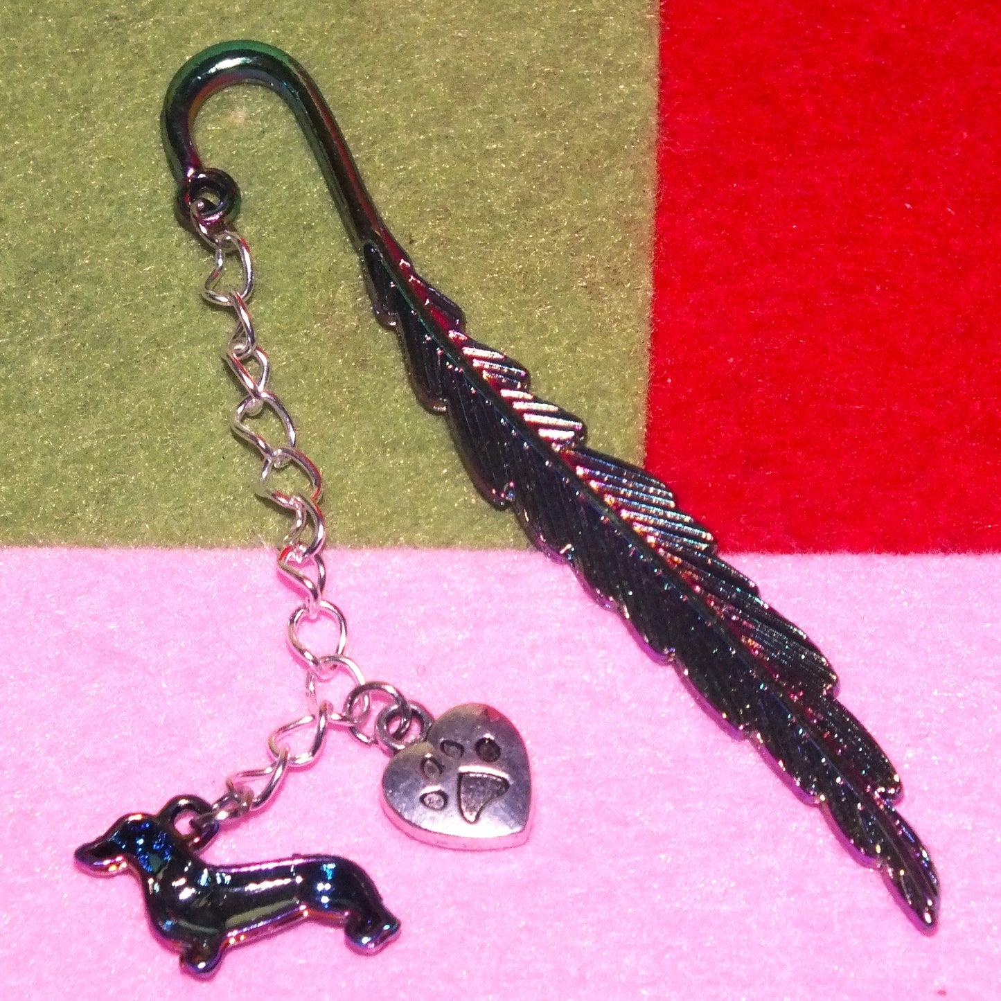 Sausage dog (Dachshund) bookmark with feather design, electroplated rainbow