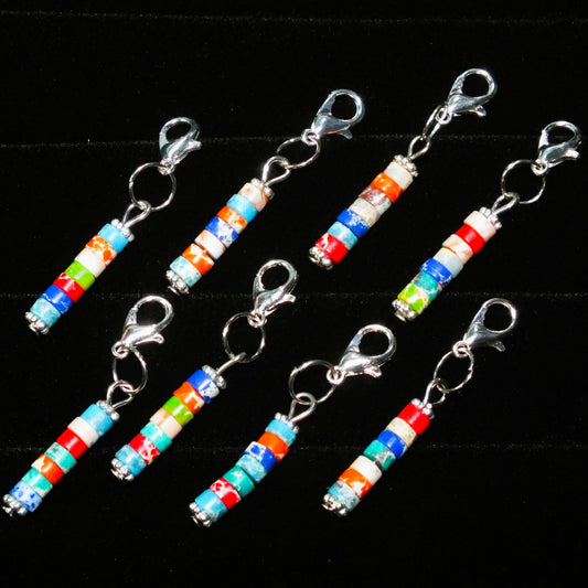 8 multicoloured stone column dangle charms on clasps
