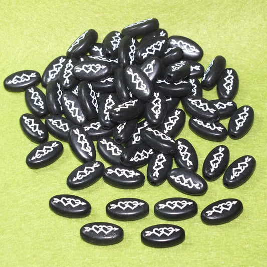 50pcs flat oval two heart & arrow beads, 17.5mm x 10mm black