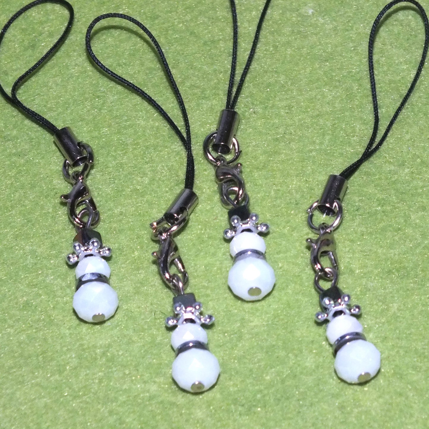 6pcs handmade Snowman dangle charms on lanyards, faceted electroplated glass.