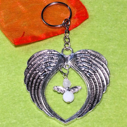 Large wings & angel keyring, handmade with smoky white semiprecious stone angel.