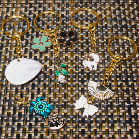 5pcs Enamel decorative gold tone keyrings & dangle charm - unicorn, flower & nature, ocean, bowknot & fan, shell