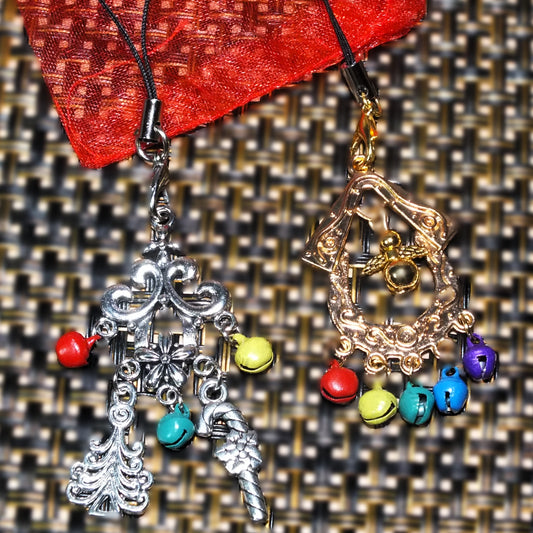 2x Festive handmade charms with bells, angel, Christmas tree & candy cane, on lanyards.
