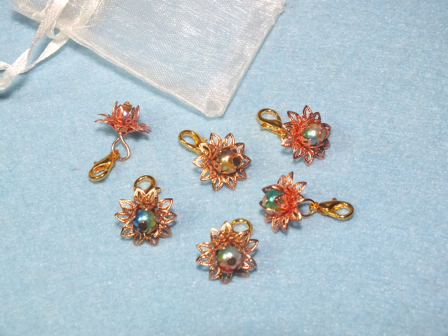 6pcs handmade flower dangle charms on lobster clasps, gold & rose gold tones