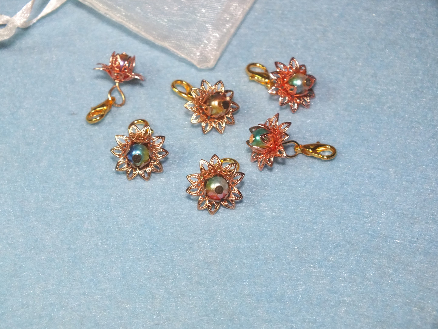 6pcs handmade flower dangle charms on lobster clasps, gold & rose gold tones